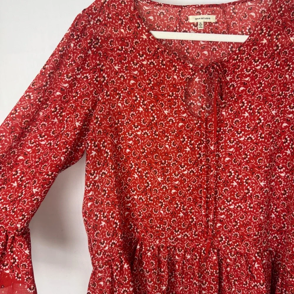 Max‎ Studio Women Red Sz XL Peasant blouse bell sleeves tiered/ruffle hem
